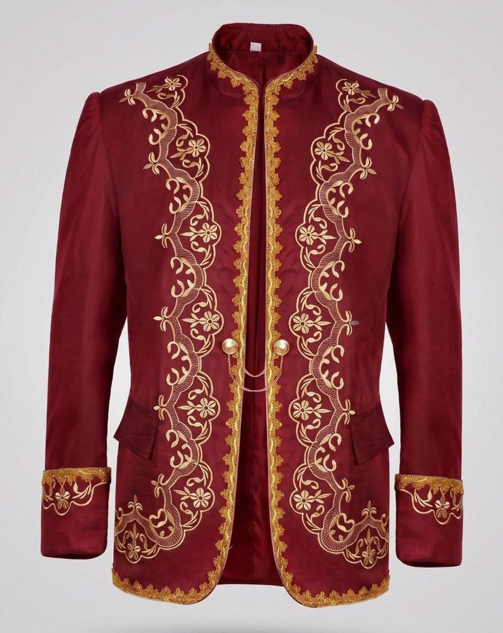 Men's Black Gold Embroidered Brocade Blazer Jacket - Red