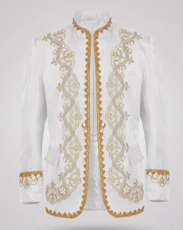 Men's Black Gold Embroidered Brocade Blazer Jacket - White