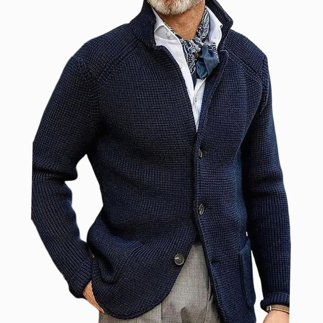 Men's Button-Front Knit Blazer Cardigan Sweater Jacket - Navy Blue