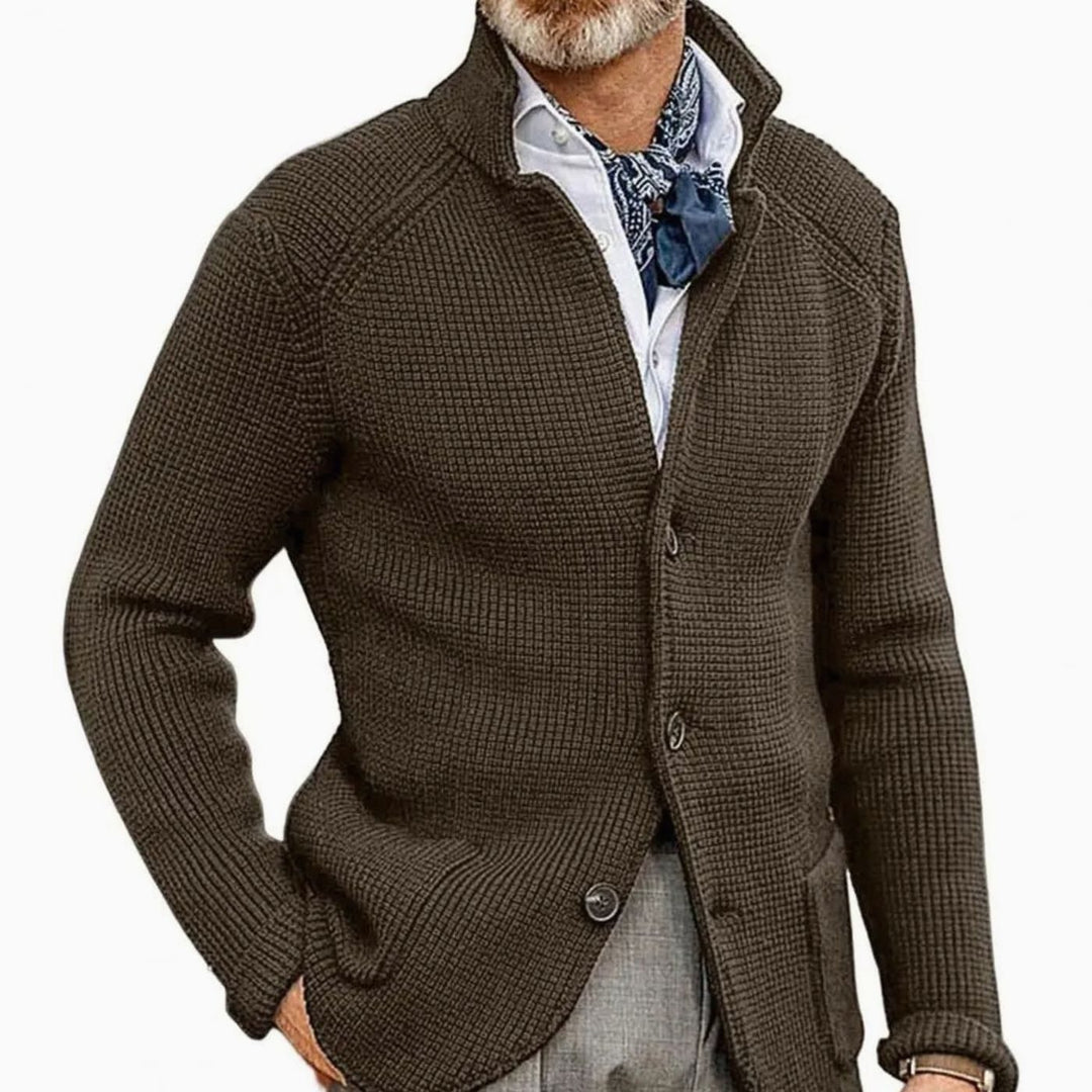 Men's Button-Front Knit Blazer Cardigan Sweater Jacket - Coffee Brown