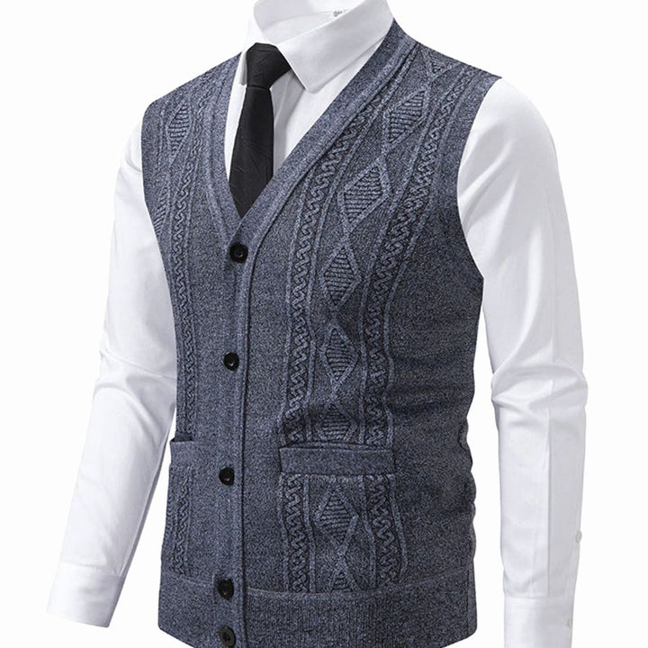 Men's Cable-Knit V-Neck Button-Front Sweater Vest Patch Pockets