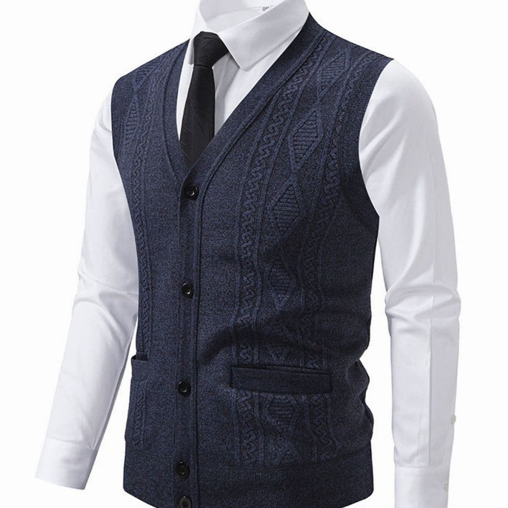 Men's Cable-Knit V-Neck Button-Front Sweater Vest Patch Pockets