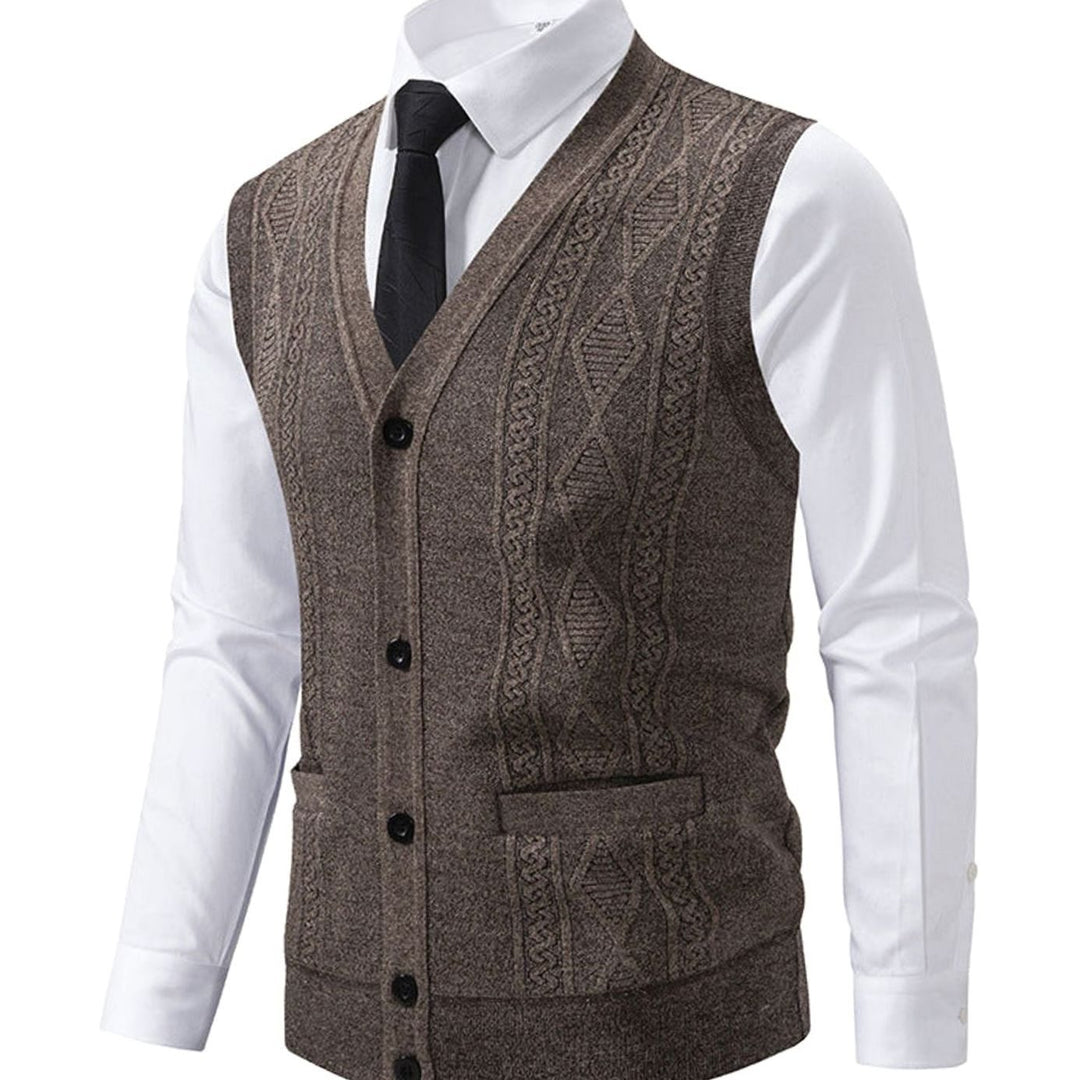 Men's Cable-Knit V-Neck Button-Front Sweater Vest Patch Pockets