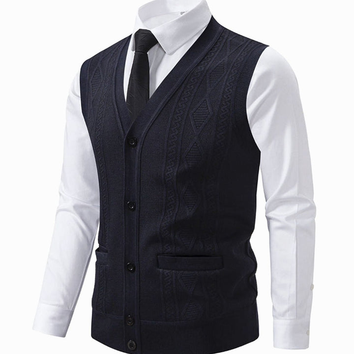 Men's Cable-Knit V-Neck Button-Front Sweater Vest Patch Pockets