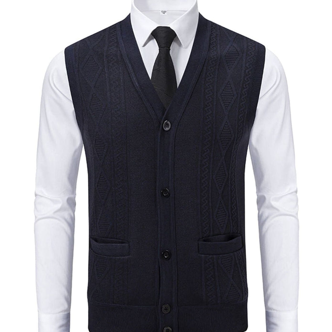 Men's Cable-Knit V-Neck Button-Front Sweater Vest Patch Pockets - Black