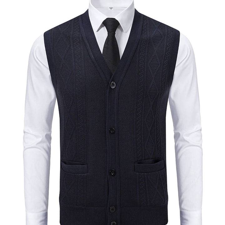 Men's Cable-Knit V-Neck Button-Front Sweater Vest Patch Pockets - Black