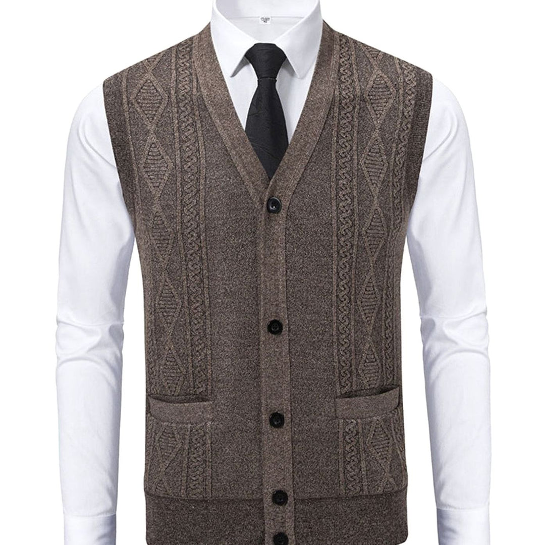 Men's Cable-Knit V-Neck Button-Front Sweater Vest Patch Pockets - Khaki