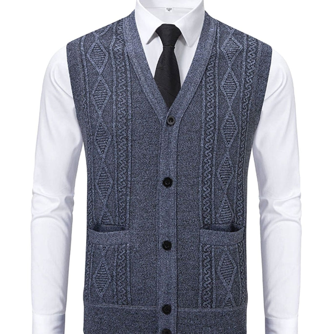 Men's Cable-Knit V-Neck Button-Front Sweater Vest Patch Pockets - Light Gray