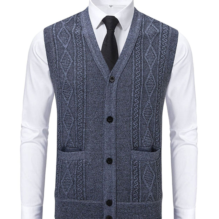 Men's Cable-Knit V-Neck Button-Front Sweater Vest Patch Pockets - Light Gray