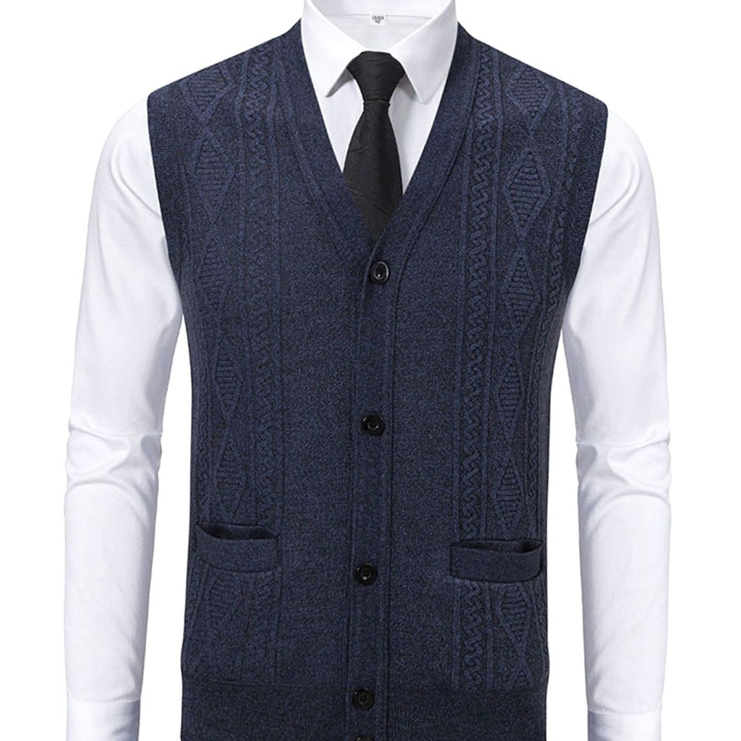 Men's Cable-Knit V-Neck Button-Front Sweater Vest Patch Pockets - Dark Gray