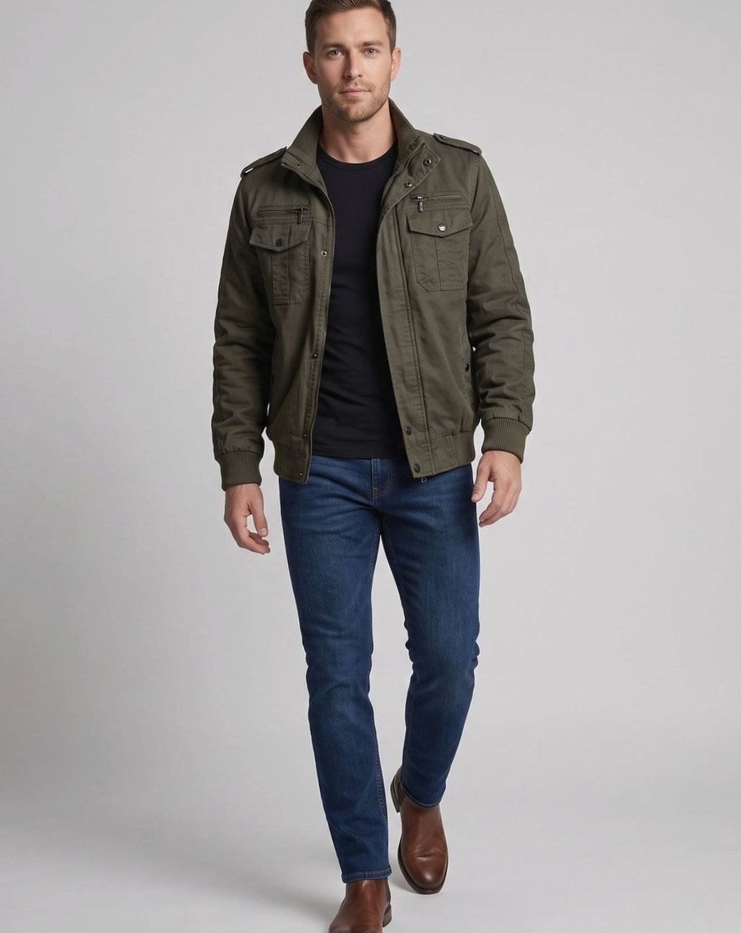 Men's Canvas Fleece-Lined Military Bomber Jacket Epaulet Detail