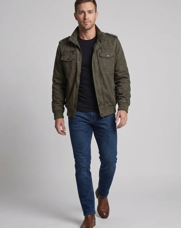 Men's Canvas Fleece-Lined Military Bomber Jacket Epaulet Detail