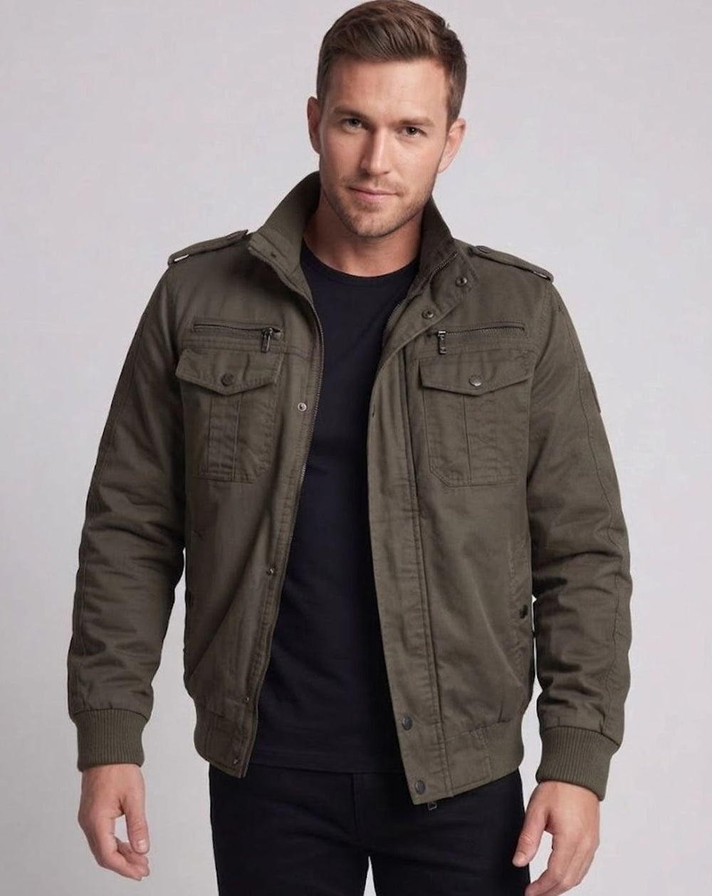 Men's Canvas Fleece-Lined Military Bomber Jacket Epaulet Detail