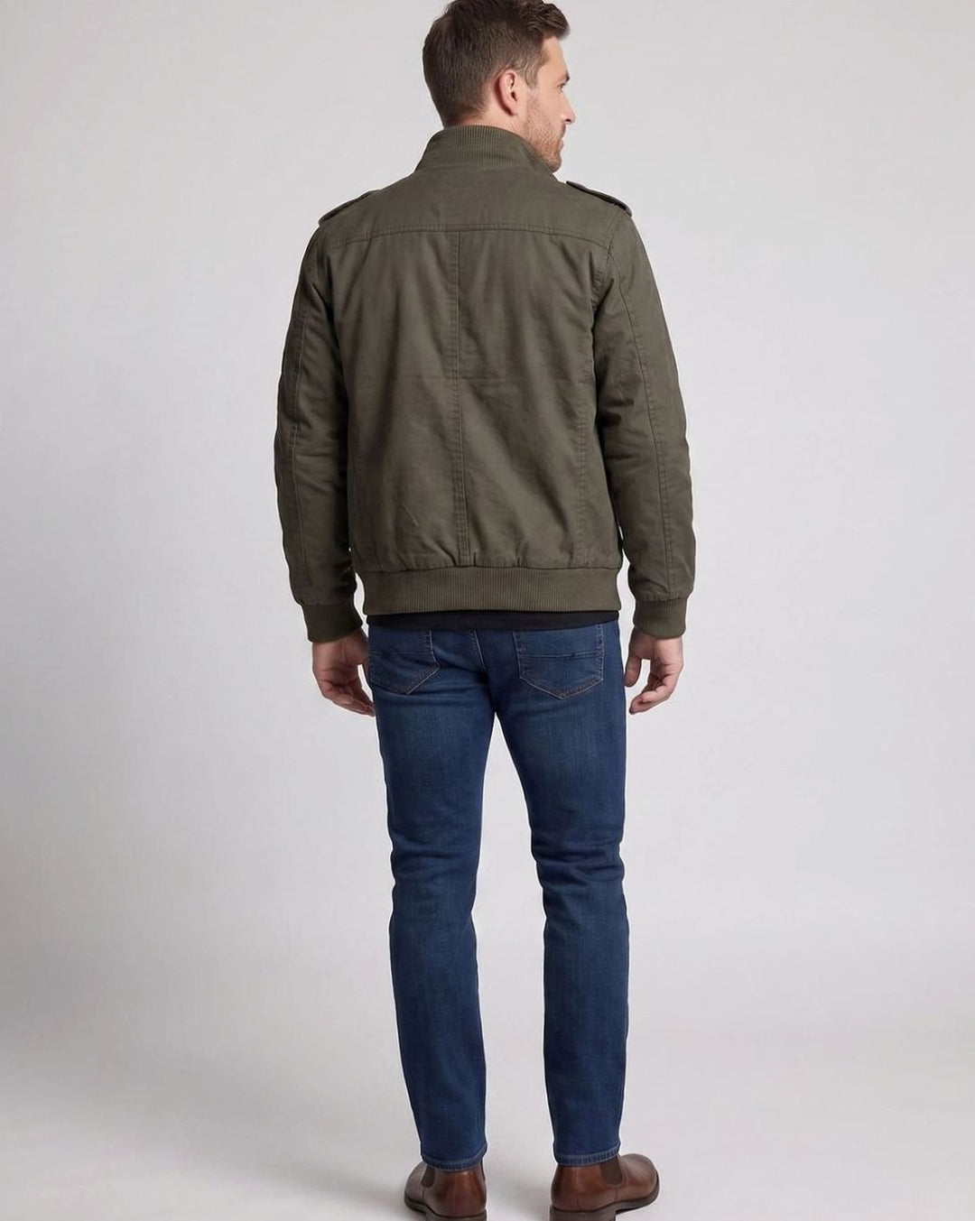 Men's Canvas Fleece-Lined Military Bomber Jacket Epaulet Detail