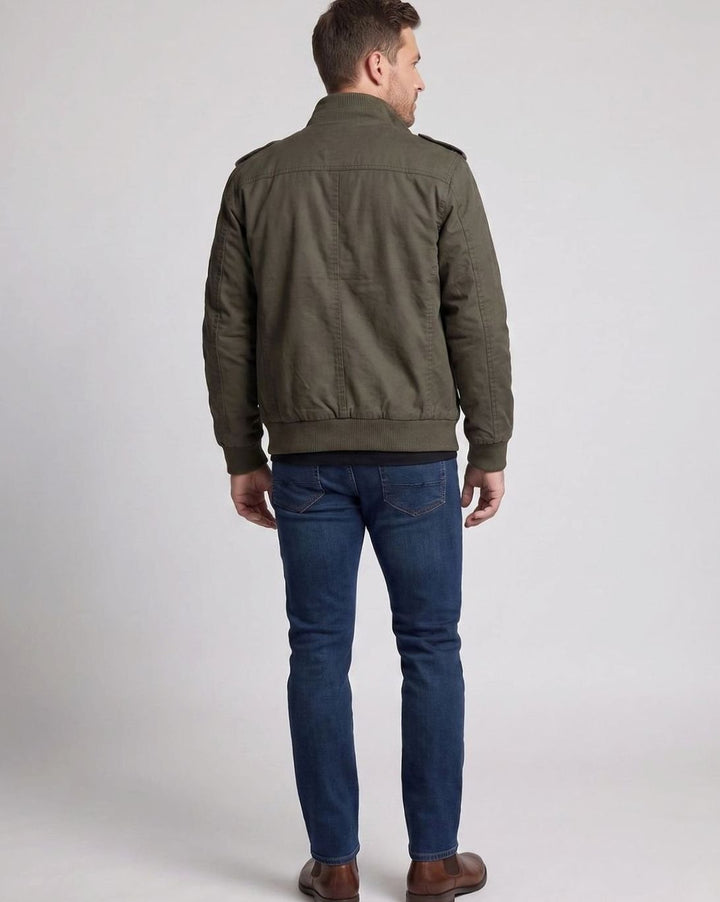 Men's Canvas Fleece-Lined Military Bomber Jacket Epaulet Detail