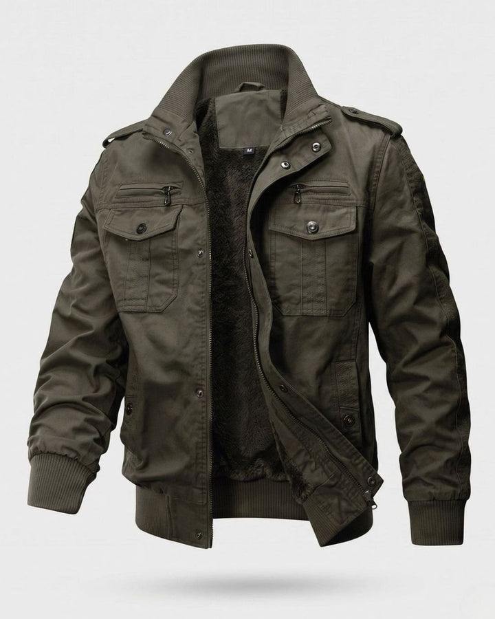 Men's Canvas Fleece-Lined Military Bomber Jacket Epaulet Detail - Green