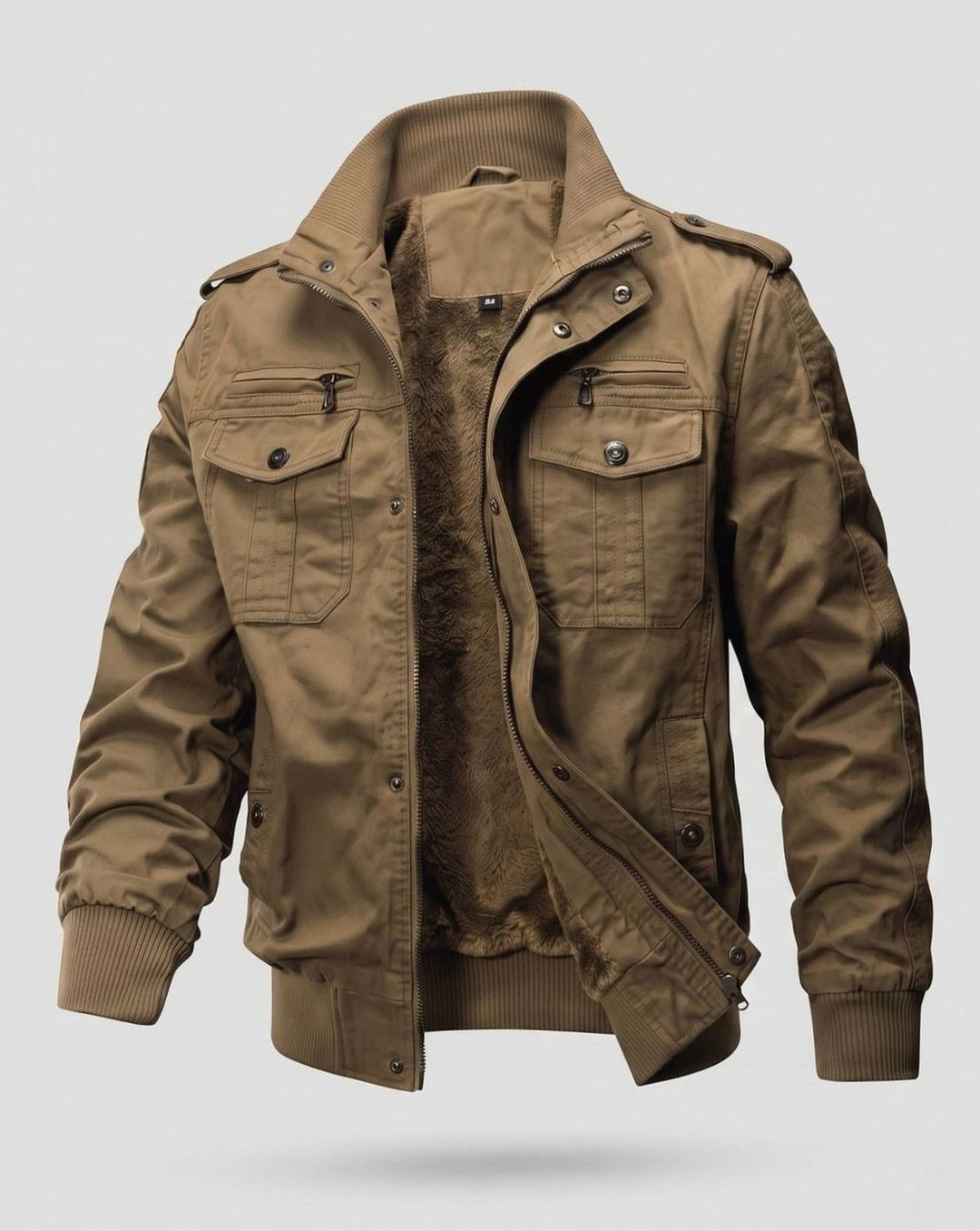 Men's Canvas Fleece-Lined Military Bomber Jacket Epaulet Detail - Khaki