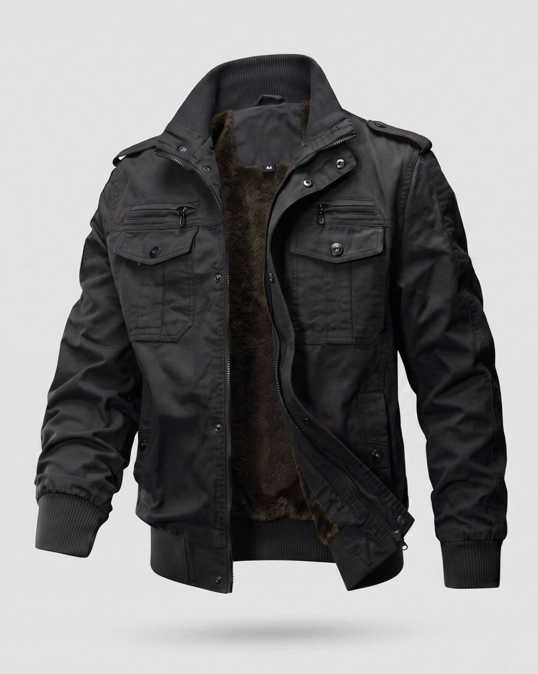 Men's Canvas Fleece-Lined Military Bomber Jacket Epaulet Detail - Black