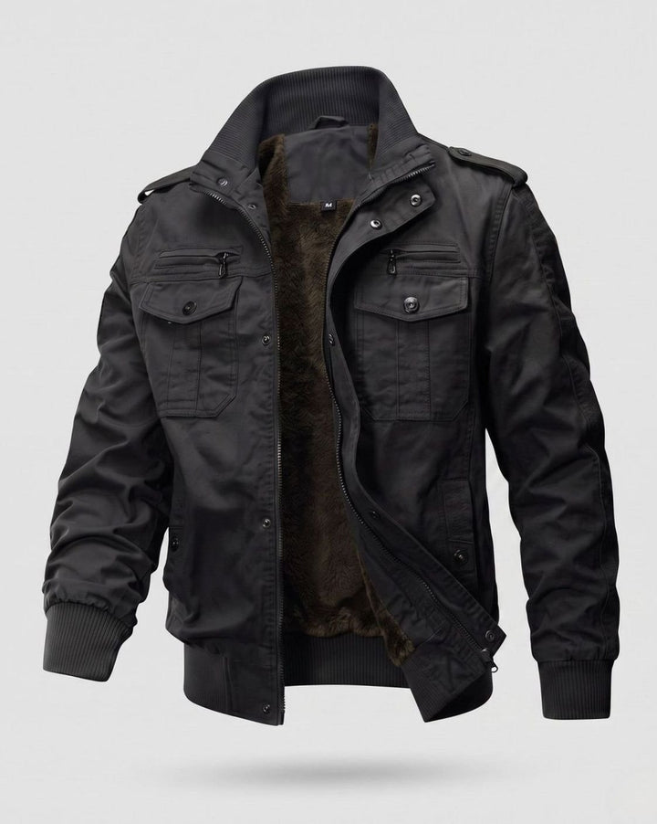 Men's Canvas Fleece-Lined Military Bomber Jacket Epaulet Detail - Black