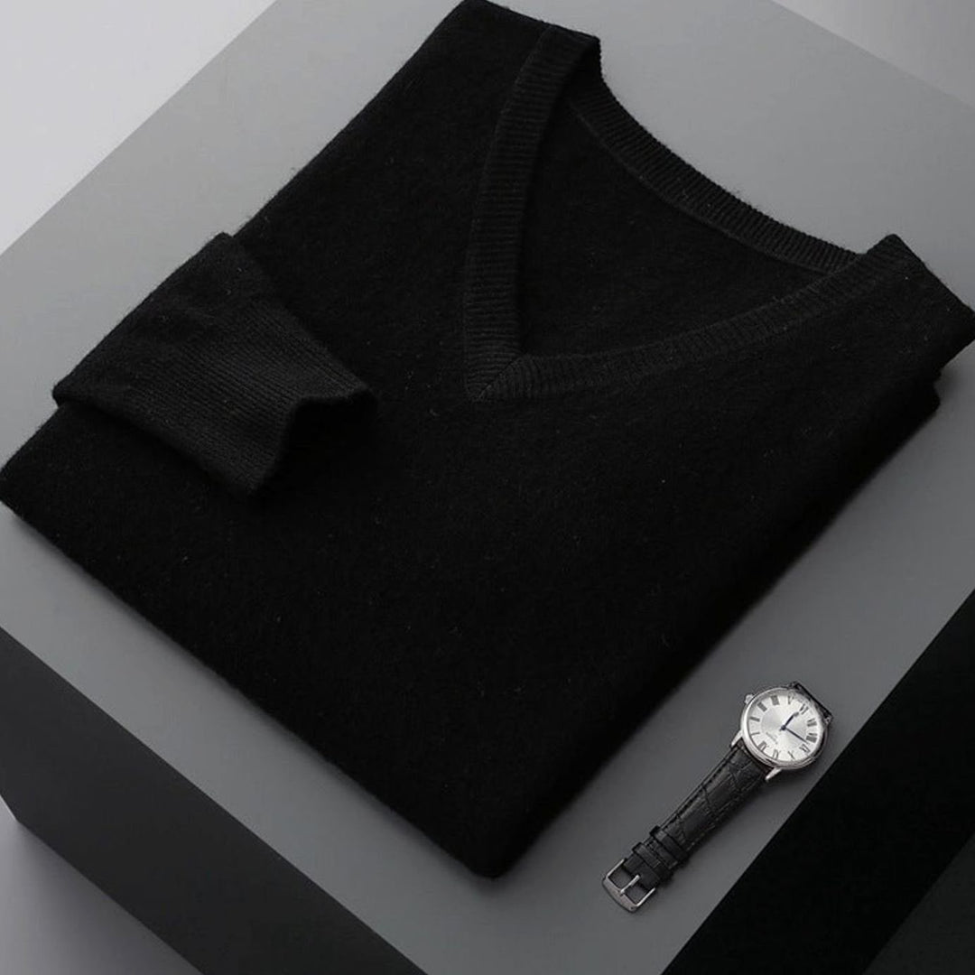 Men's Cashmere Wool V-Neck Regular Fit Pullover Sweater - Black