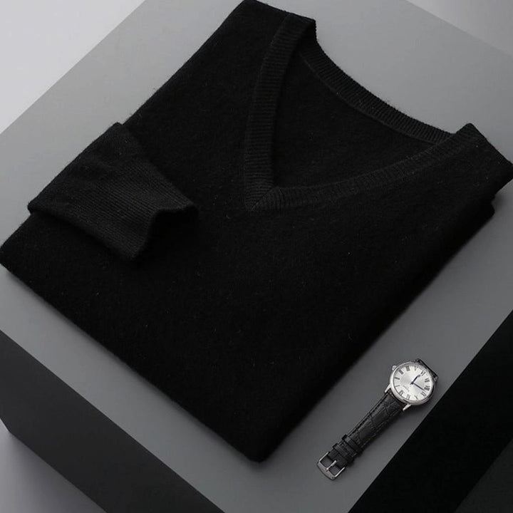 Men's Cashmere Wool V-Neck Regular Fit Pullover Sweater - Black