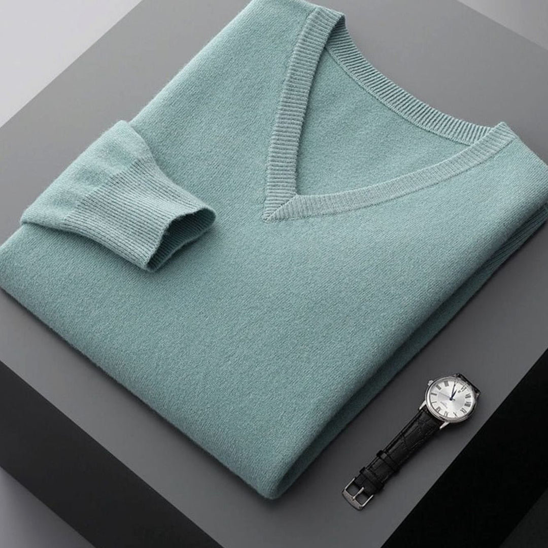 Men's Cashmere Wool V-Neck Regular Fit Pullover Sweater - Sage Green