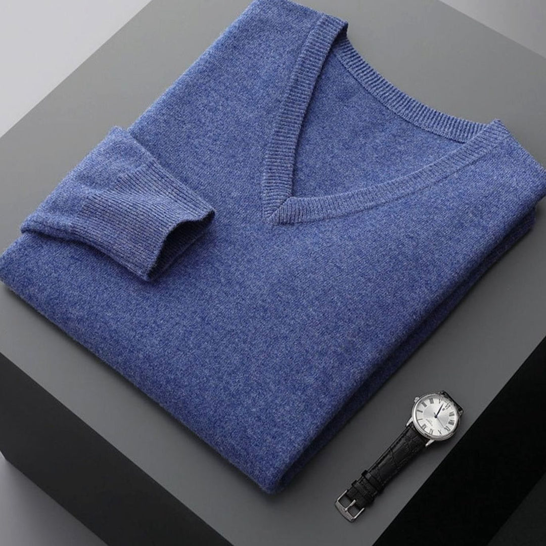 Men's Cashmere Wool V-Neck Regular Fit Pullover Sweater - Steel Blue