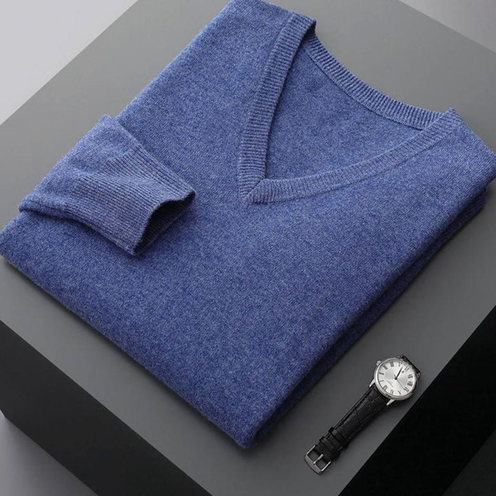 Men's Cashmere Wool V-Neck Regular Fit Pullover Sweater - Steel Blue