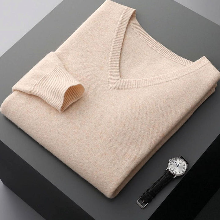 Men's Cashmere Wool V-Neck Regular Fit Pullover Sweater - Beige