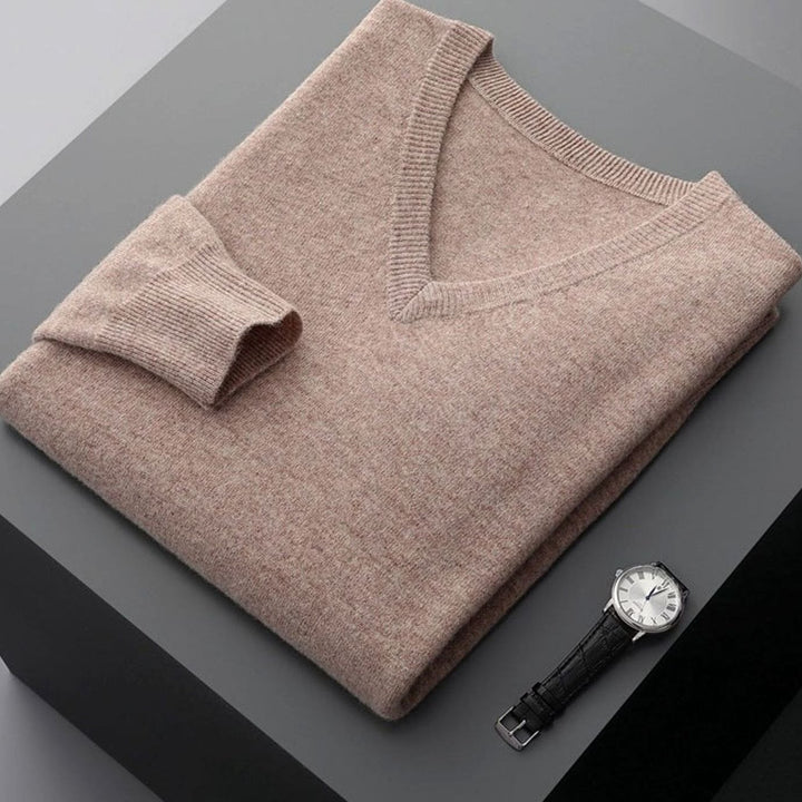 Men's Cashmere Wool V-Neck Regular Fit Pullover Sweater - Camel
