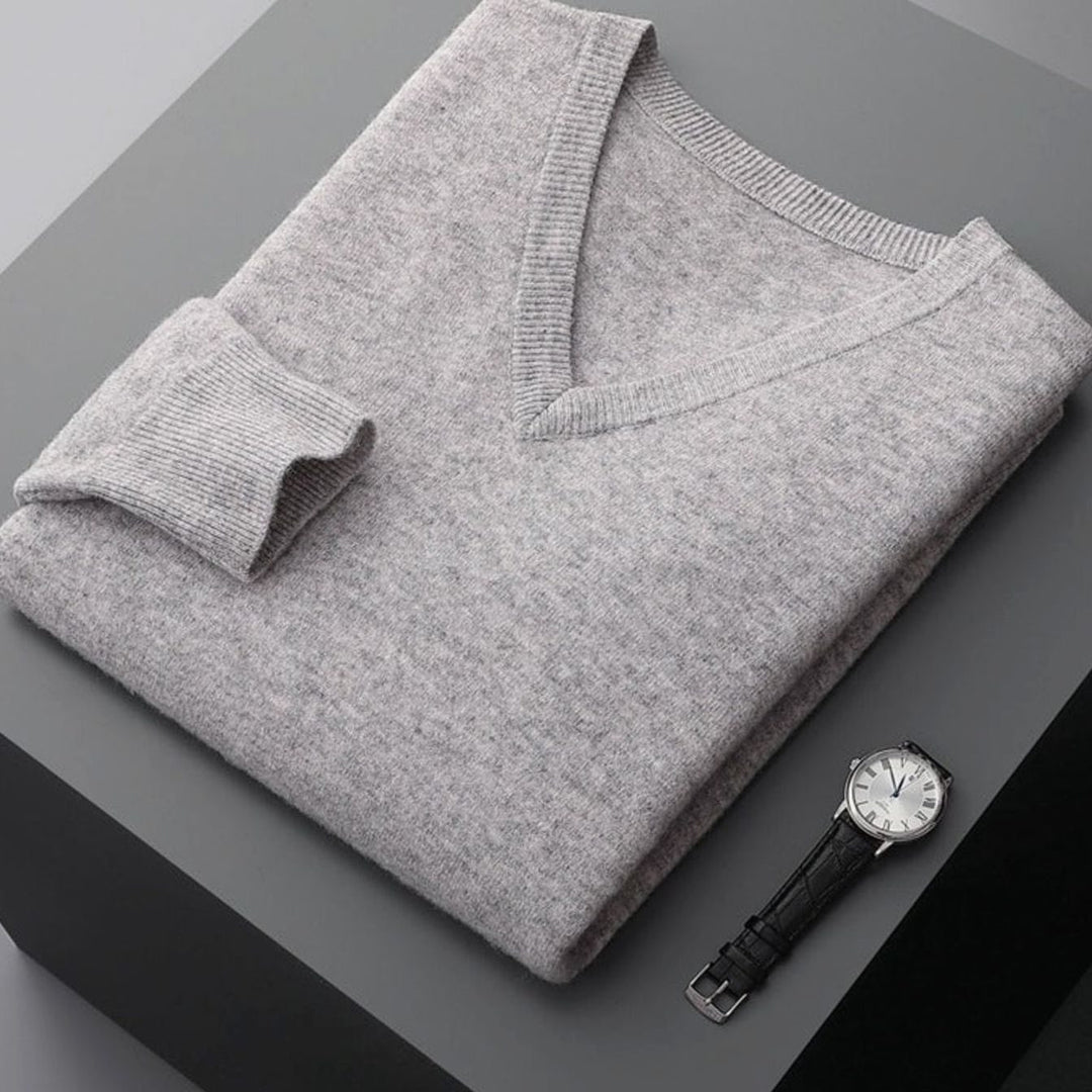 Men's Cashmere Wool V-Neck Regular Fit Pullover Sweater - Light Gray