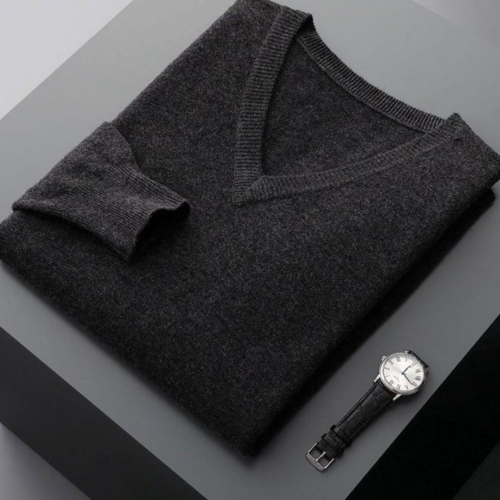 Men's Cashmere Wool V-Neck Regular Fit Pullover Sweater - Dark Gray