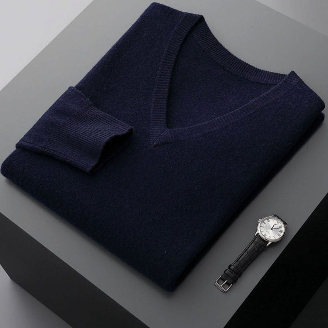 Men's Cashmere Wool V-Neck Regular Fit Pullover Sweater - Navy Blue