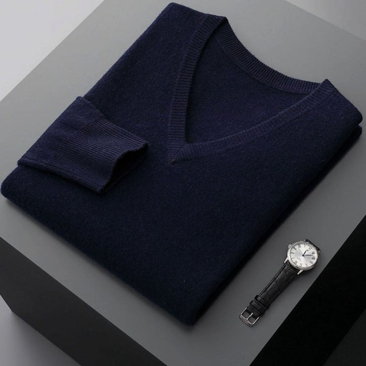 Men's Cashmere Wool V-Neck Regular Fit Pullover Sweater - Navy Blue