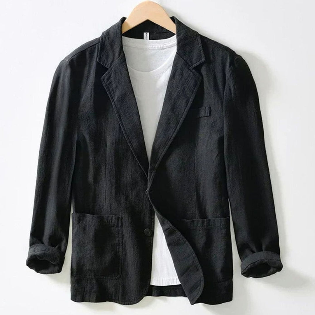 Men's Casual Linen Blazer Jacket Long Sleeve Button-Up - Black