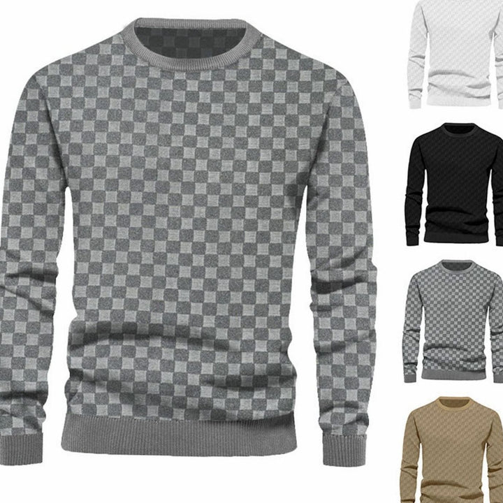 Men's Checkered Relief Crew Neck Pullover Sweater Regular Fit