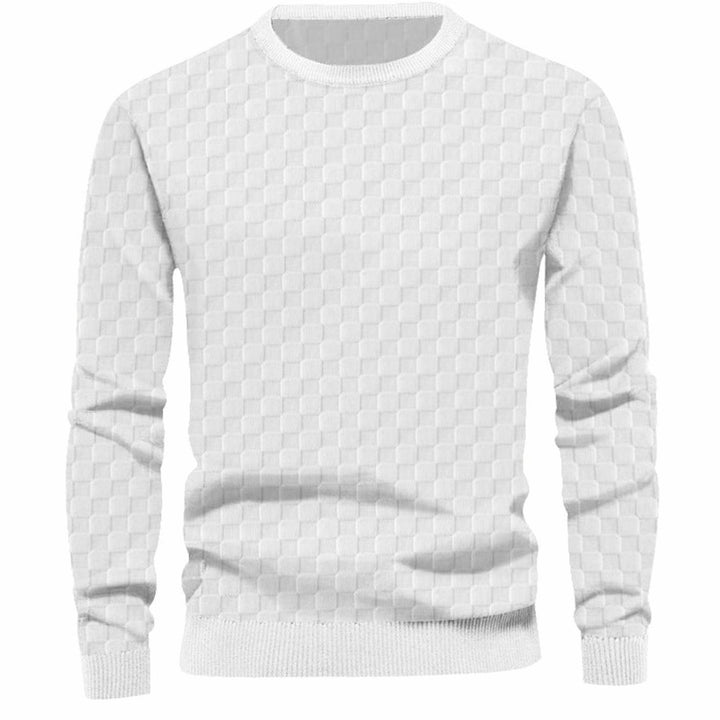 Men's Checkered Relief Crew Neck Pullover Sweater Regular Fit - White