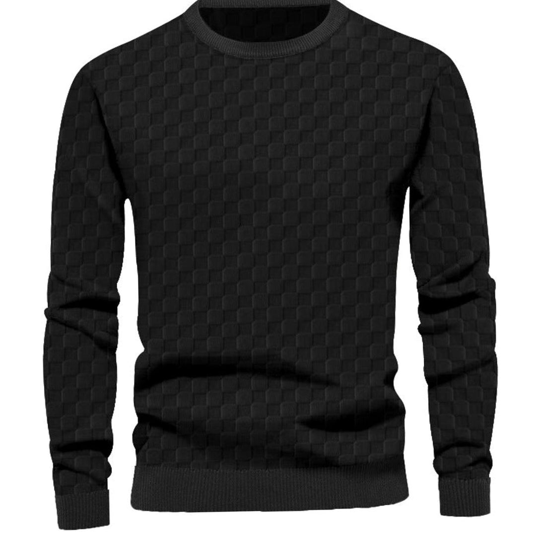 Men's Checkered Relief Crew Neck Pullover Sweater Regular Fit - Black