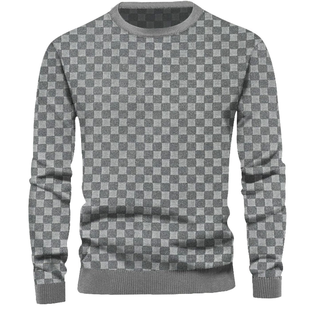 Men's Checkered Relief Crew Neck Pullover Sweater Regular Fit - Gray