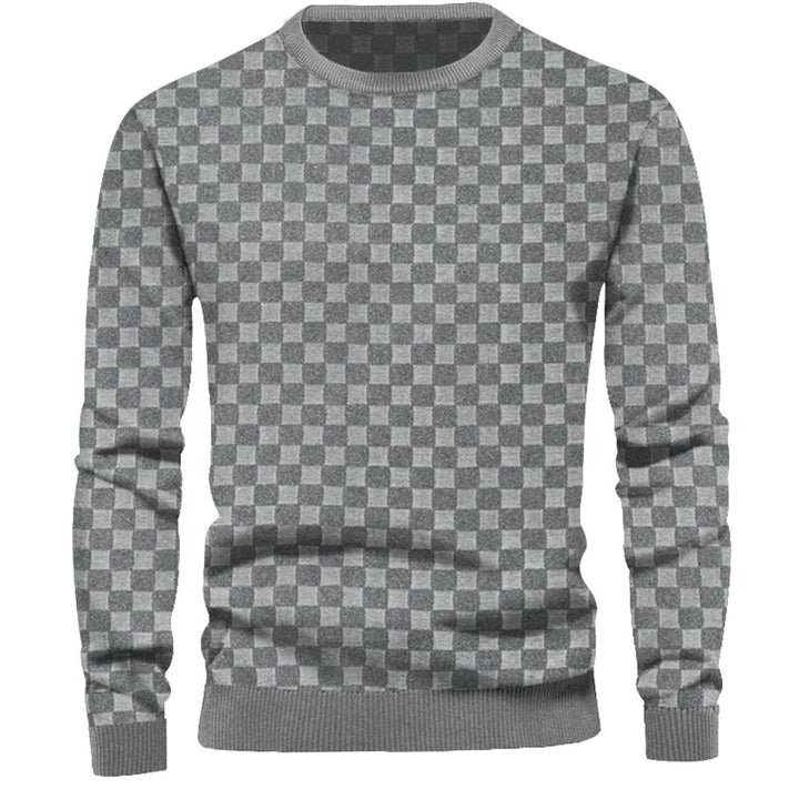 Men's Checkered Relief Crew Neck Pullover Sweater Regular Fit - Gray