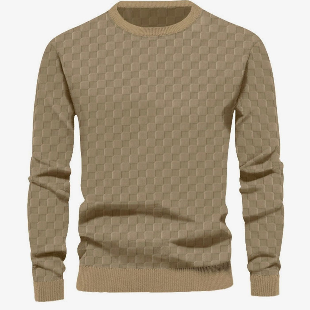 Men's Checkered Relief Crew Neck Pullover Sweater Regular Fit - Khaki
