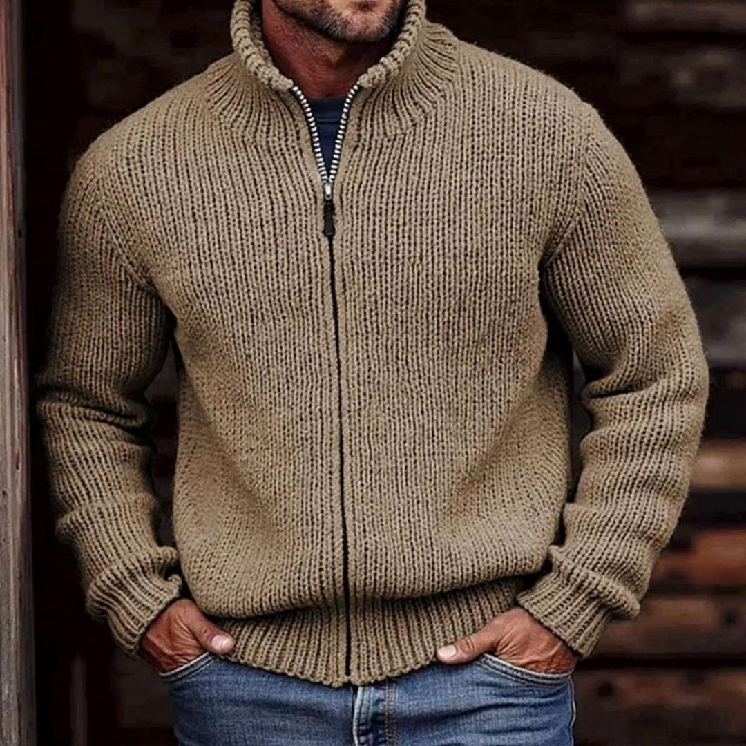 Men's Chunky Knit Cardigan Full-Zip Stand Collar Sweater - Khaki