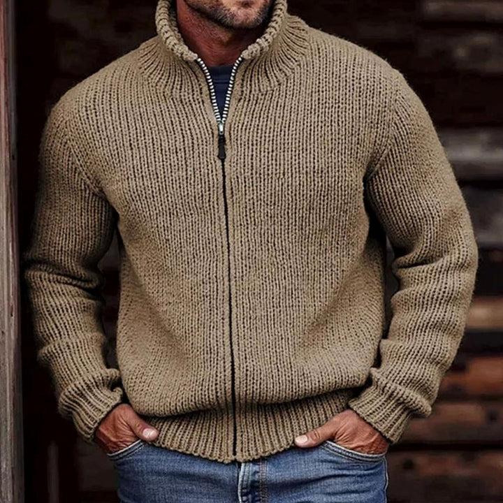 Men's Chunky Knit Cardigan Full-Zip Stand Collar Sweater - Khaki