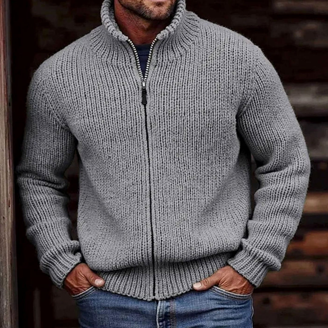 Men's Chunky Knit Cardigan Full-Zip Stand Collar Sweater - Gray