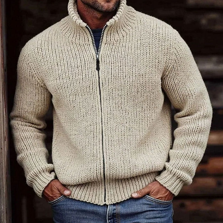 Men's Chunky Knit Cardigan Full-Zip Stand Collar Sweater - White