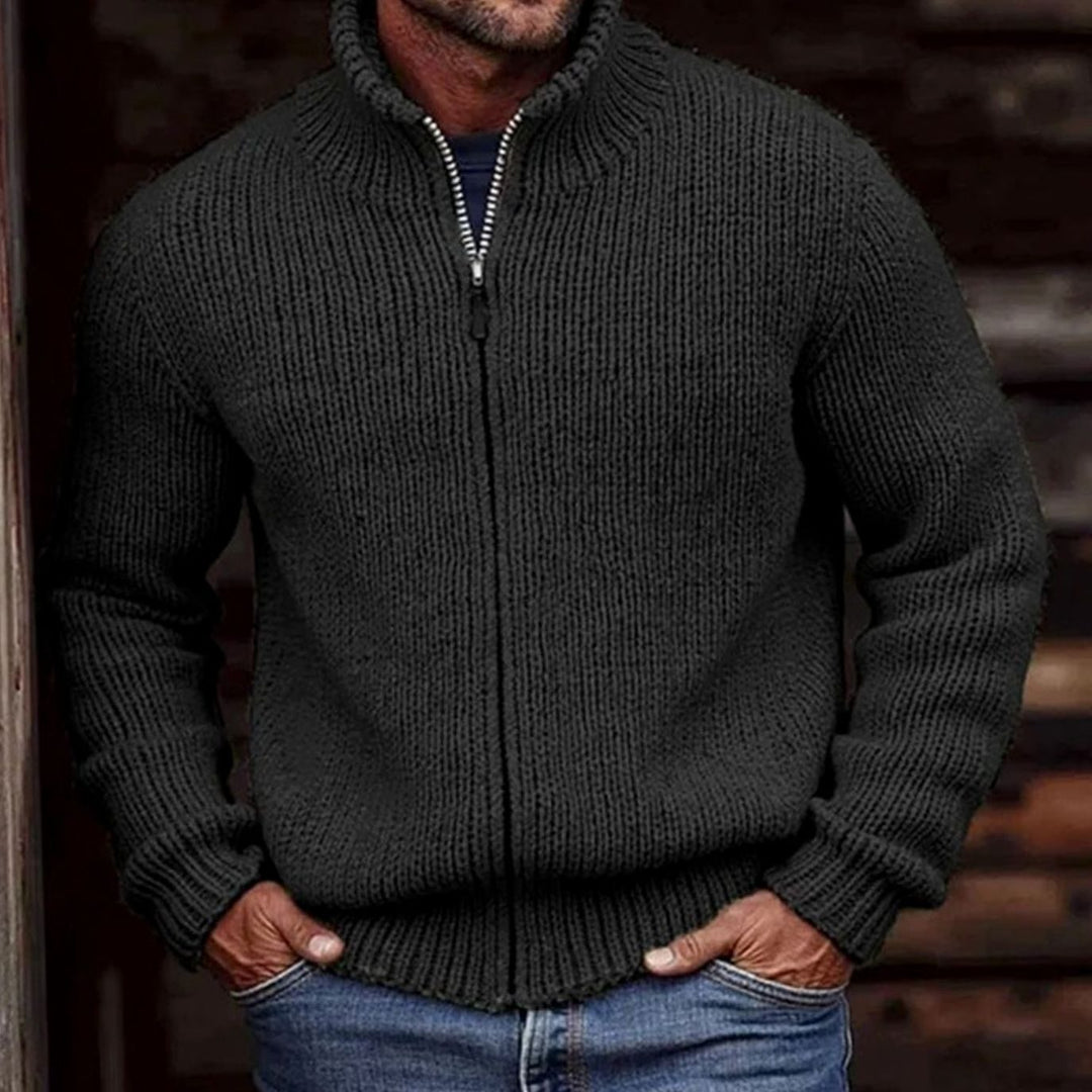 Men's Chunky Knit Cardigan Full-Zip Stand Collar Sweater - Black
