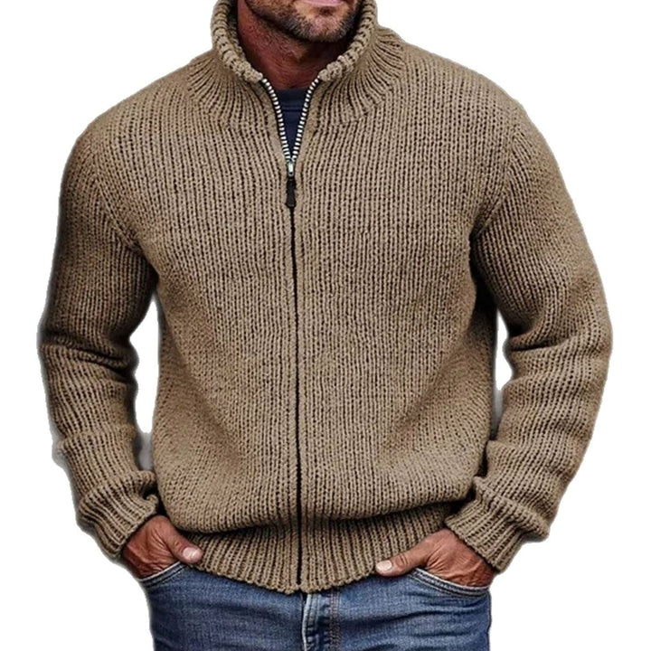 Men's Chunky Knit Cardigan Full-Zip Stand Collar Sweater