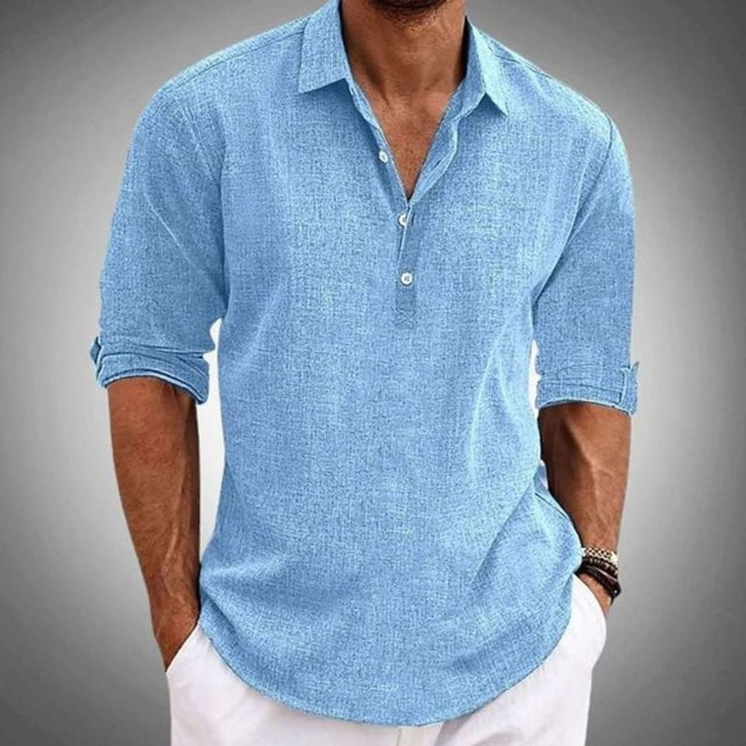 Men's Classic Fit Long Sleeve Linen Polo Shirt - Light Blue