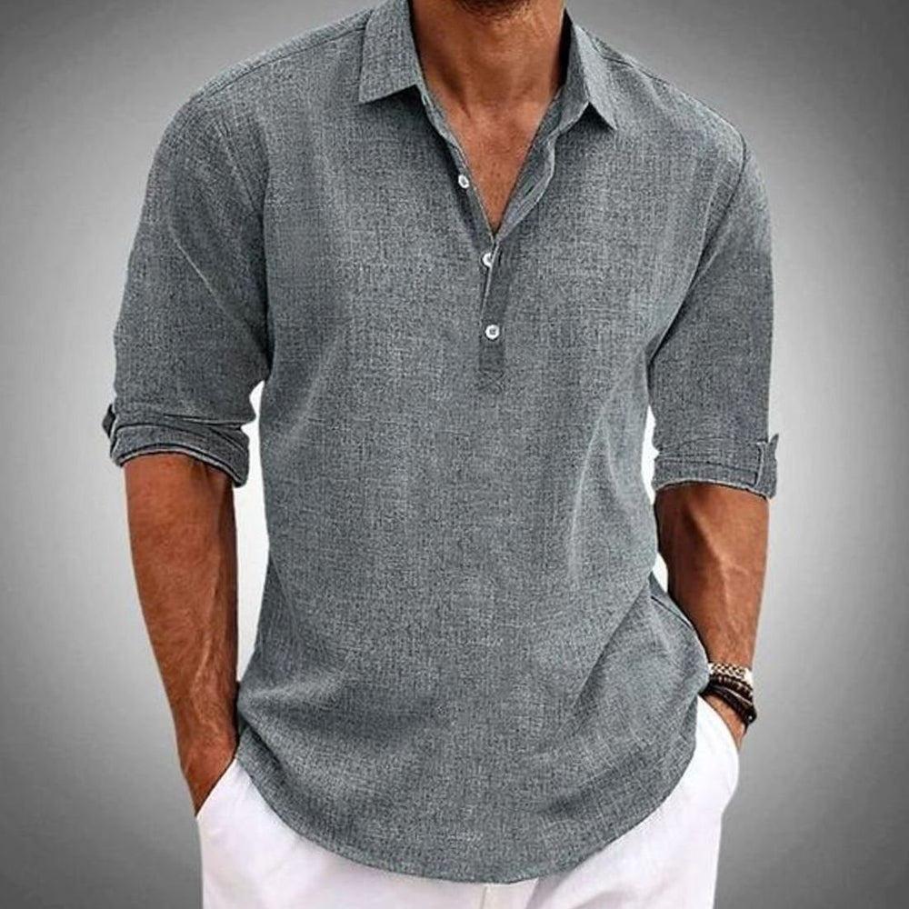 Men's Classic Fit Long Sleeve Linen Polo Shirt - Grey