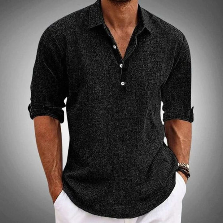 Men's Classic Fit Long Sleeve Linen Polo Shirt - Black